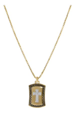 14K Yellow Gold Plated Sterling Silver 1/4 Cttw Diamond Cross Dog Tag Pendant Necklace