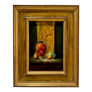 Mid 20th Century Still Life Oil Painting Fruit Vase Gilt Frame Signed K Hepburn