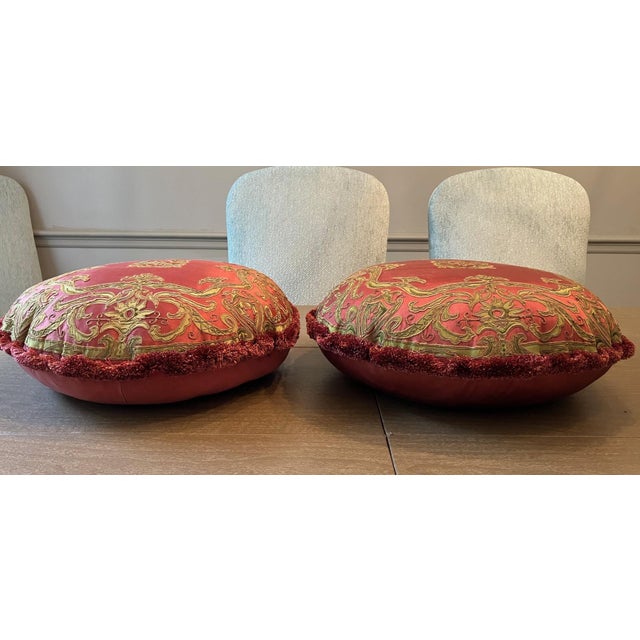 Traditional Pair of Decorative Silk Pillows With Trim For Sale - Image 3 of 6