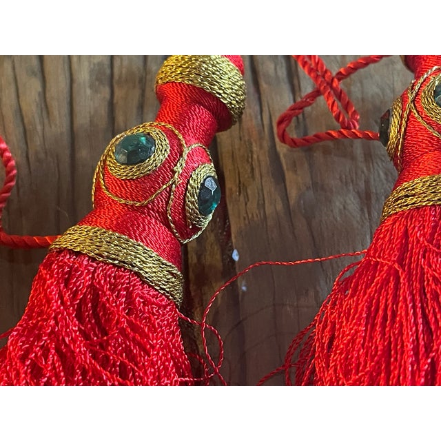 Shabby Chic 4 Red Gold Silk Tassels Passemanterie Vintage For Sale - Image 3 of 6