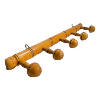 Antique French Provincial Faux Bamboo Wall Rack – 5 Peg Wooden Coat & Hat Hook For Sale