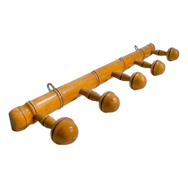 Antique French Provincial Faux Bamboo Wall Rack – 5 Peg Wooden Coat & Hat Hook For Sale