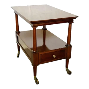 Vintage Solid Wood Side Table on Brass Casters With Drawer