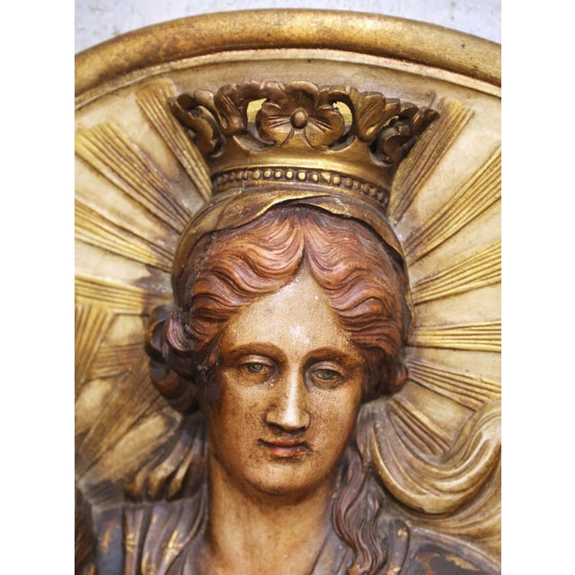 Spanish 19th Century Spanish Carved Polychrome and Painted Madonna and Child Wall Plaque For Sale - Image 3 of 7