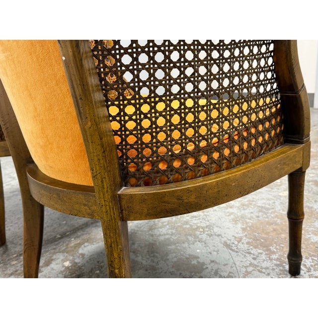Saffron Velvet Mid 20th Century Cane Barrel Chairs, Pair For Sale - Image 11 of 12