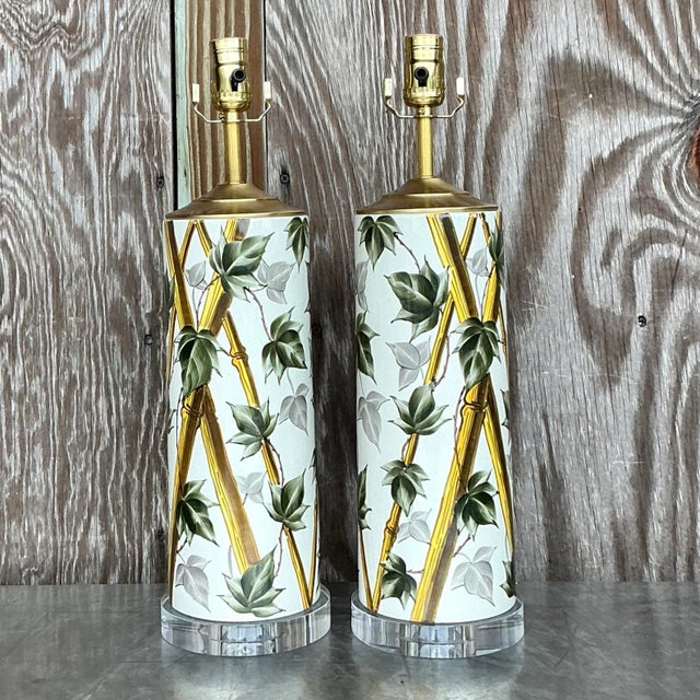 Coastal Vintage Coastal Bamboo Vine Glazed Ceramic Lamps - a Pair For Sale - Image 3 of 7