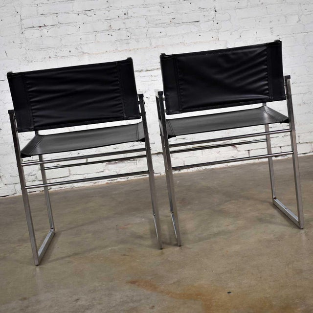 Black Vintage Chrome & Black Vinyl Faux Leather Sling Director’s Chairs Straight Legs, a Pair For Sale - Image 8 of 13