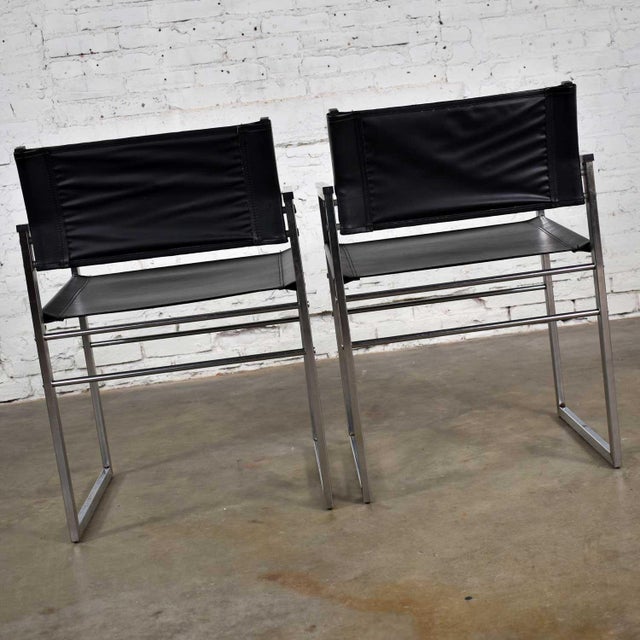 Black Vintage Chrome & Black Vinyl Faux Leather Sling Director’s Chairs Straight Legs, a Pair For Sale - Image 8 of 12