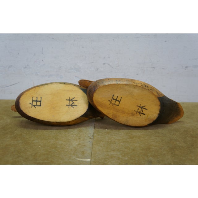 Mid 20th Century Chinese Hand-Carved Wood Mallard Drake and Hen Duck Decoys Pair 10" For Sale - Image 14 of 14