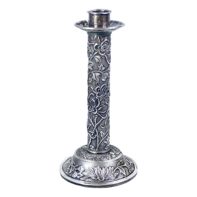 Antique Chinese Embossed Silver Candlestick, 1800s For Sale
