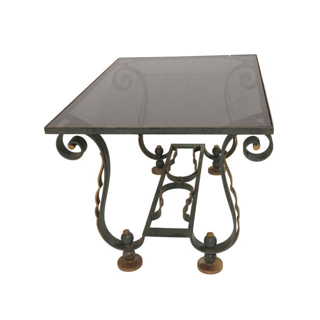 Gilbert Poillerat 1940's French Coffee Table -Green Patinated Iron & Gilt W/ Smoke Glass Top For Sale - Image 4 of 11