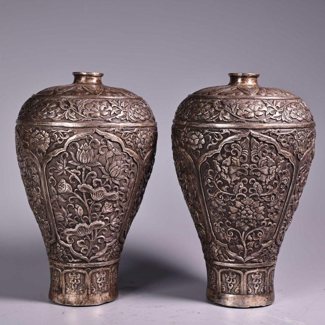 Late 20th Century Pair of Vintage Silver-Toned Bronze Vases - Repoussé Floral Motif, Meiping Form For Sale - Image 5 of 9