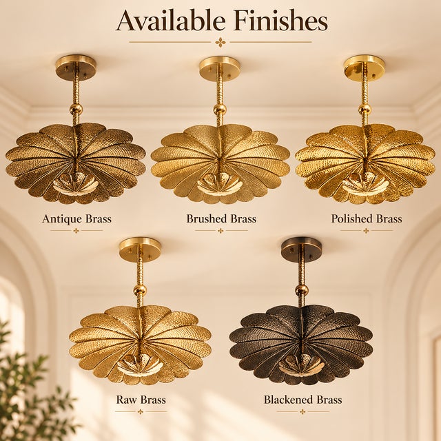 Brass Handmade Brass Floral Ceiling Light, Vintage Lotus Flower Chandelier, Hammered Brass Pendant Light, Scalloped Ceiling Fixture For Sale - Image 8 of 13