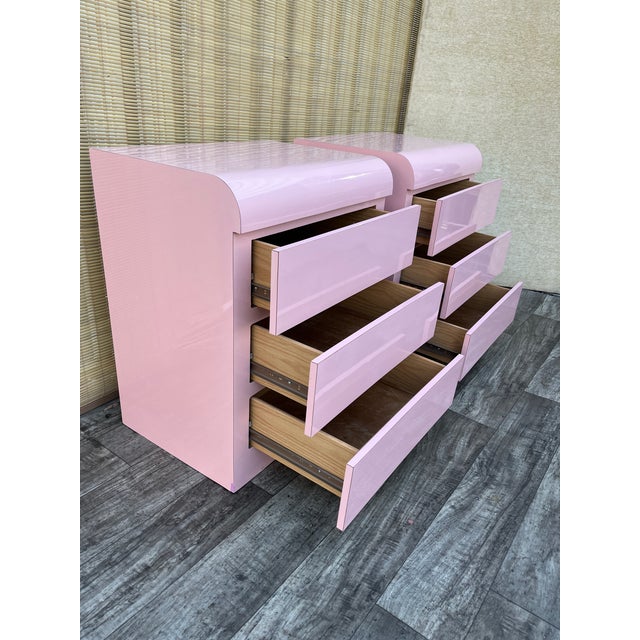 A Pair of Custom Made Postmodern Pink Waterfall Formica Nightstands. Circa 1980s For Sale - Image 16 of 18