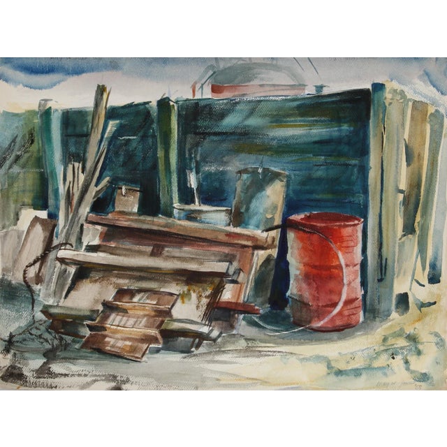 Rendered in deep shades of green and brown, the pile of raw materials and trash beside a metal dumpster appears rustic and...