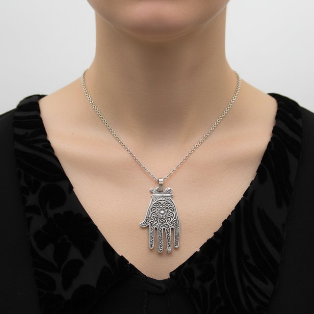 Vintage Berber Hand of Fatima / Hamsa Sterling Silver Pendant With Central Flower Motif For Sale - Image 9 of 9