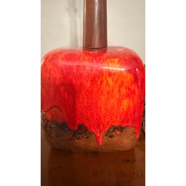 Pair of Mid-Century Modern Lava Glaze Ceramic Table Lamps Attributed to Poole Pottery, Walnut Necks, 26” H, Circa 1960s–1970s For Sale - Image 15 of 16