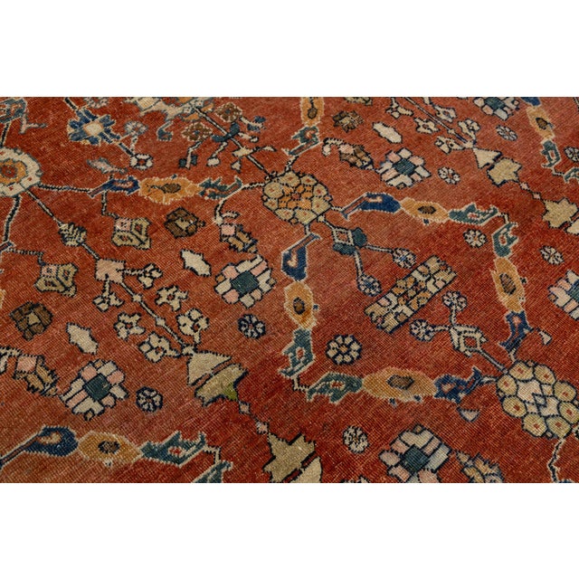 Burnt Orange Vintage Persian Mahal Rug Hand-Knotted Wool All-Over Floral Terracotta & Indigo For Sale - Image 8 of 9