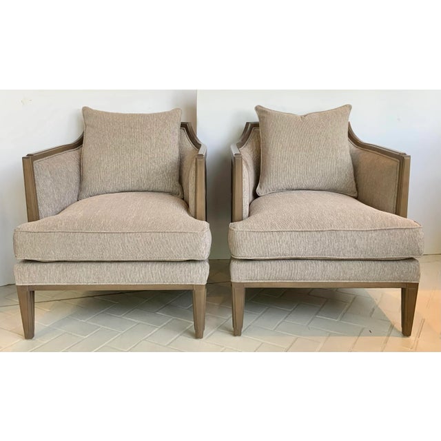 Original Retail $12,000, Stylish Caracole Couture Modern Geometric Taupe and Bronze Club Chairs Pair, carved wood frame...