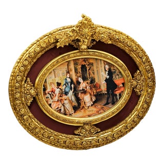 The Gilded Salon – Oval Victorian Genre Painting With Burgundy Velvet & Ornate Gold Leaf Frame For Sale