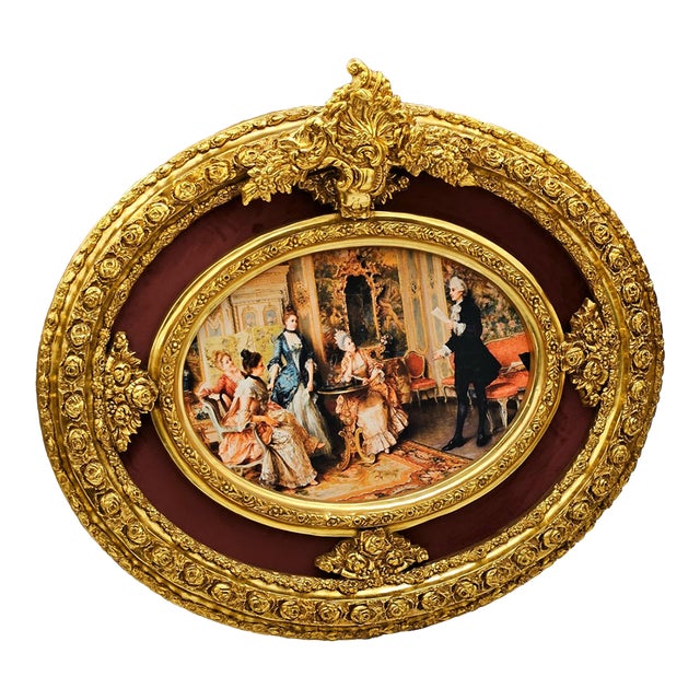 The Gilded Salon – Oval Victorian Genre Painting With Burgundy Velvet & Ornate Gold Leaf Frame For Sale
