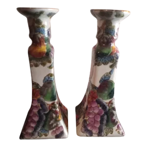 1980s Porcelain Hand Painted Floral Candle Holders - a Pair