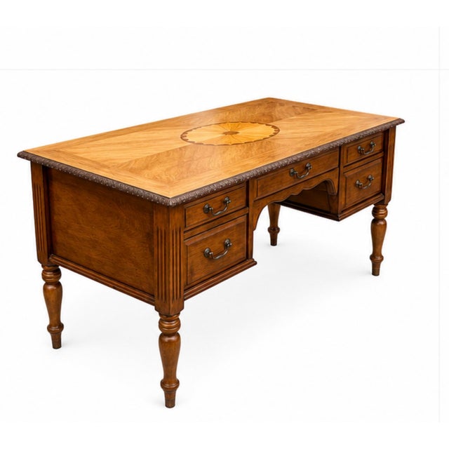 Compass Star Parquetry Oak Executive Partner’s Desk With File Drawers & Carved Rope Edge A desk worthy of the corner...