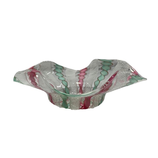 Elegant Italian Murano hand-blown glass bowl is of the lattacino pattern. It is attributed to Fratelli Toso. From the 50s,...