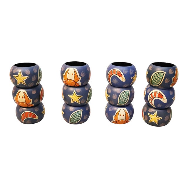Whimsical Hand Painted Wooden Napkin Rings, Set of 12 For Sale
