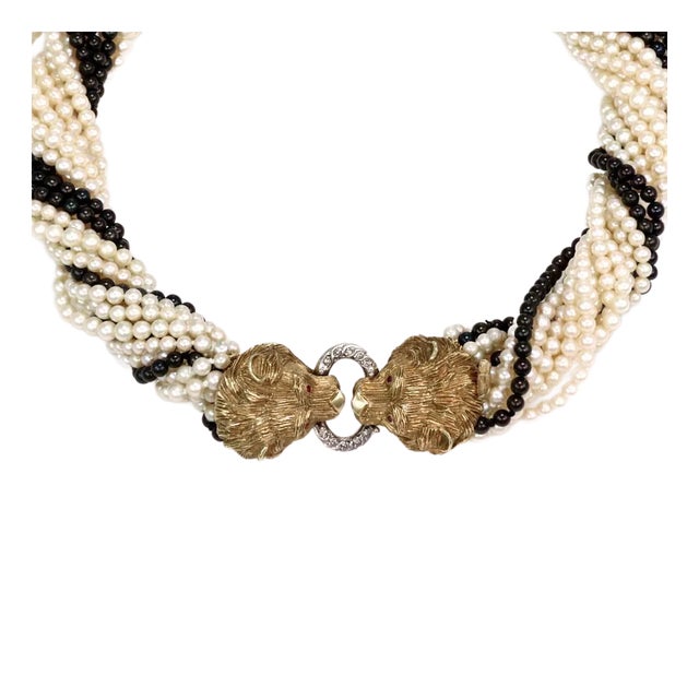 Estate Diamond Ruby 18k Gold Lion Multi-Strand Pearl Necklace For Sale