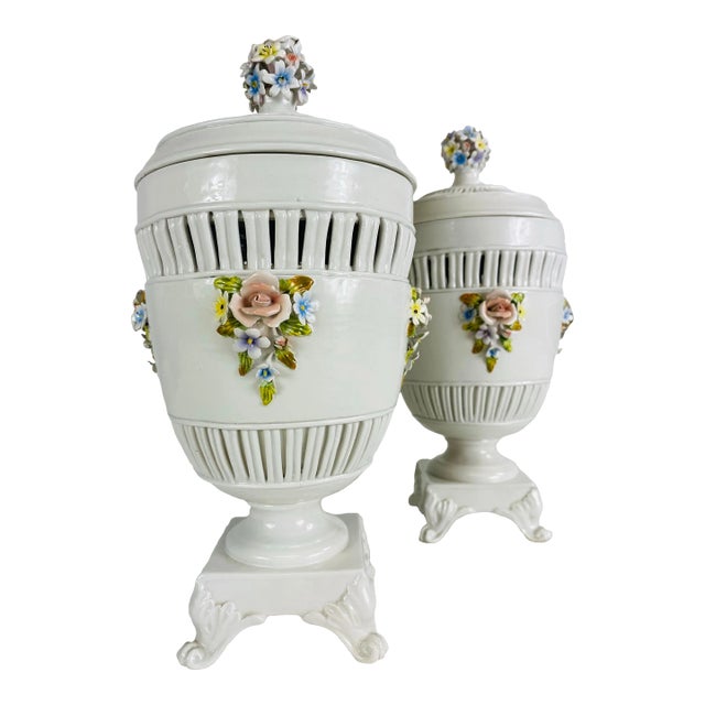 Vintage Mid Century Delicate Italian Porcelain Urns. For Sale