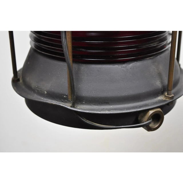Antique Durkee Marine Ship Lantern Fixture Red Fresnel Pendant Chandelier (A) For Sale - Image 9 of 12