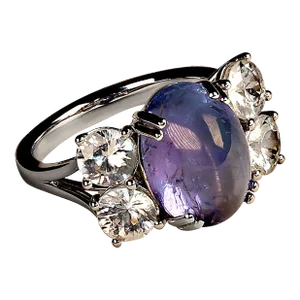 Dinner Ring of Cabochon Tanzanite and Sparkling Genuine Zircons Size 6.75