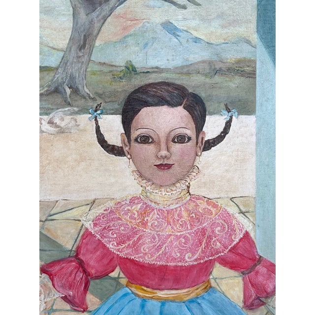 Blue 1980s Gene Zolbert Surrealist Painting Girl With Doves For Sale - Image 8 of 12