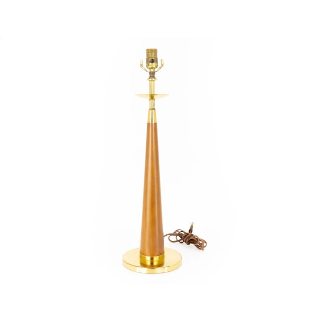 Mid-Century Modern Mid Century Teak and Brass Cone Shaped Table Lamp For Sale - Image 3 of 11