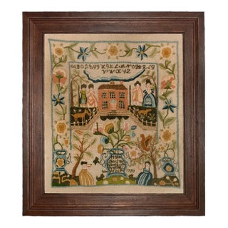 Megan Ann 1770 Antique Embroidery Needlepoint Sampler Framed Print- Distressed Brown Frame For Sale