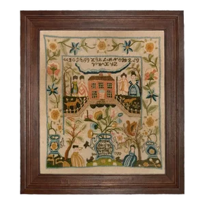 Megan Ann 1770 Antique Embroidery Needlepoint Sampler Framed Print- Distressed Brown Frame