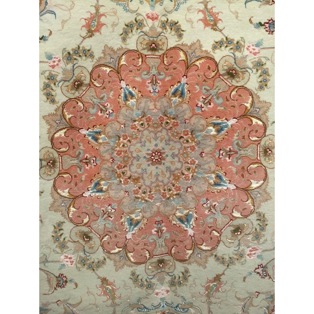 Persian Tabriz Rug, Hand-Knotted Wool & Silk, Fine Floral Pattern, Ivory & Salmon, 7x10 For Sale - Image 14 of 17