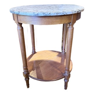 Vintage Louis XVI Style Round Marble Top Side Table With Lower Shelf For Sale