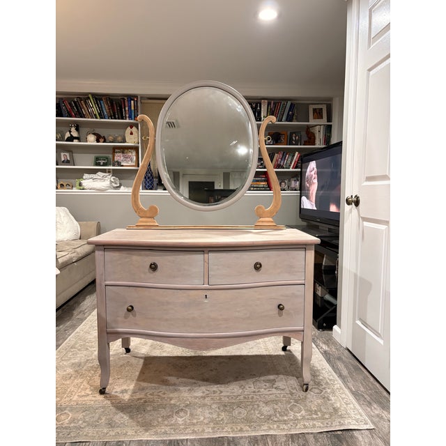 1940s 1940s Birds Eye Maple Dresser and Nightstand With Maple Harp Mirror For Sale - Image 5 of 9