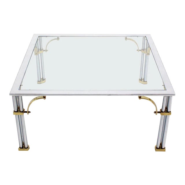 Vintage Mid Century Brass, Chrome, and Glass-Top Square Coffee Table For Sale
