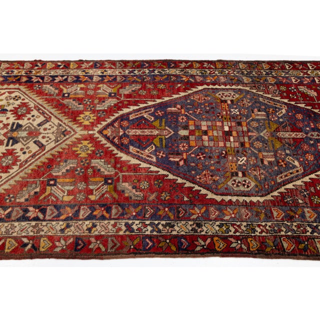1950s Antique Turkish Anatolian Runner Rug With Triple Medallion Motif in Crimson and Indigo Wool For Sale - Image 5 of 9