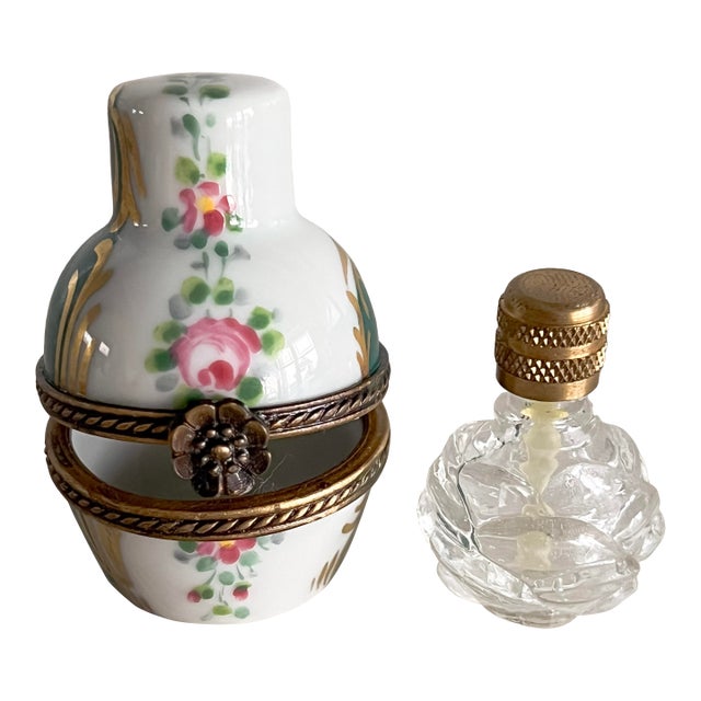 Vintage Hand-Painted Limoges Porcelain Perfume Trinket Box With Mini Bottle, Floral Gilt Hinged Case For Sale