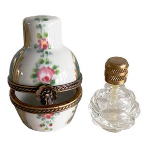 Vintage Hand-Painted Limoges Porcelain Perfume Trinket Box With Mini Bottle, Floral Gilt Hinged Case