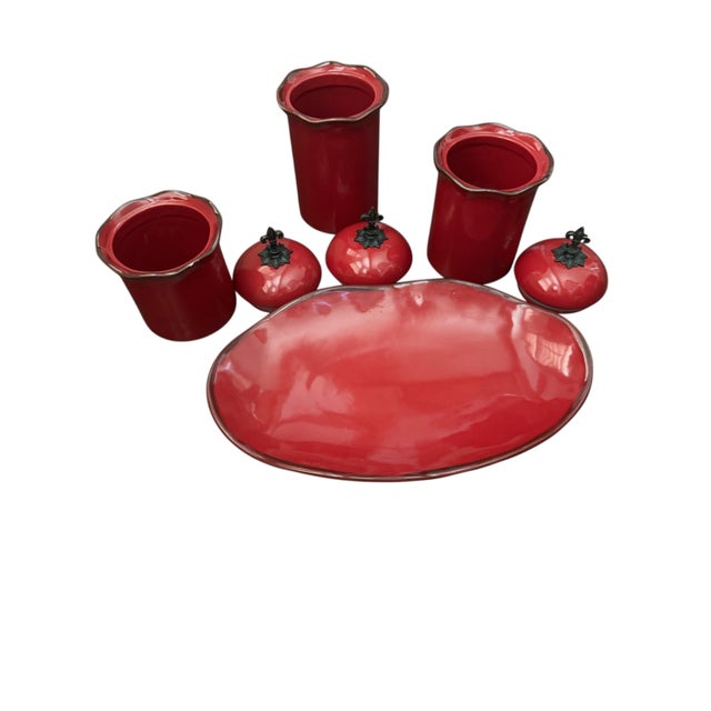 French Country Southern Living “Cinnabar” Red Ceramic Canister Set & Oval Platter – 4 Pieces For Sale - Image 3 of 12
