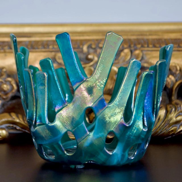 Shell Iridescent Blue Green Fused Art Glass Coral Basket Bowl – Sculptural Studio Glass For Sale - Image 7 of 11