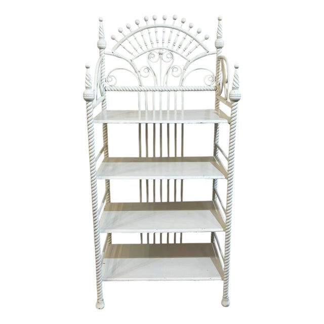 Antique French Provincial Style White Painted Wicker Stick and Ball Etagere Shelf For Sale