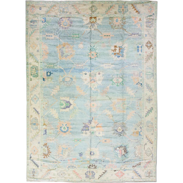 Modern Turkish Oushak Blue Handmade Floral Oversize Wool Rug For Sale - Image 11 of 11