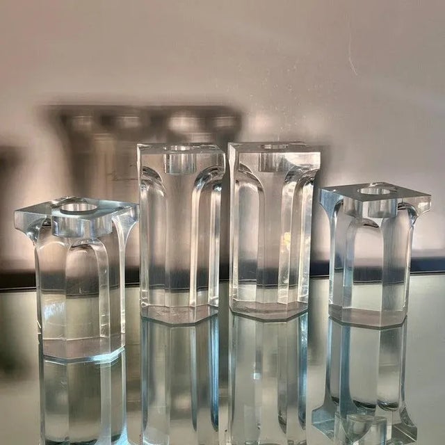 1970's Lucite Column Candle Holders in the Style of Charles Hollis Jones, Set/4 For Sale In Miami - Image 6 of 12