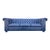 A three-seater sofa in blue leather in the Chesterfield style, with deep button-tufting across the back, rolled arms and...